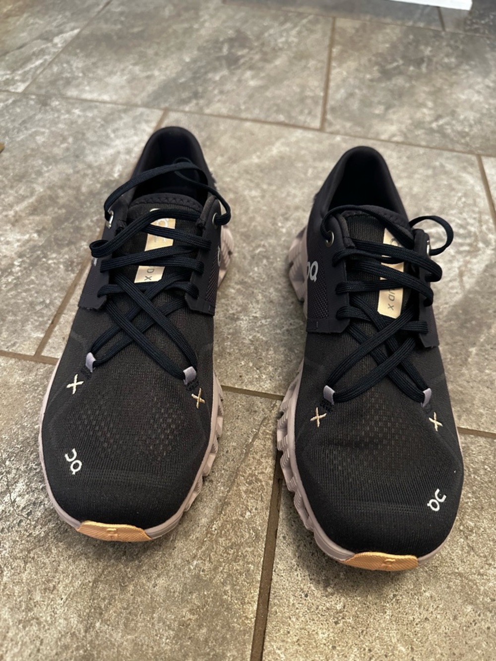 On Cloud Women's Running Sneakers in Black and Taupe with Gold Accents